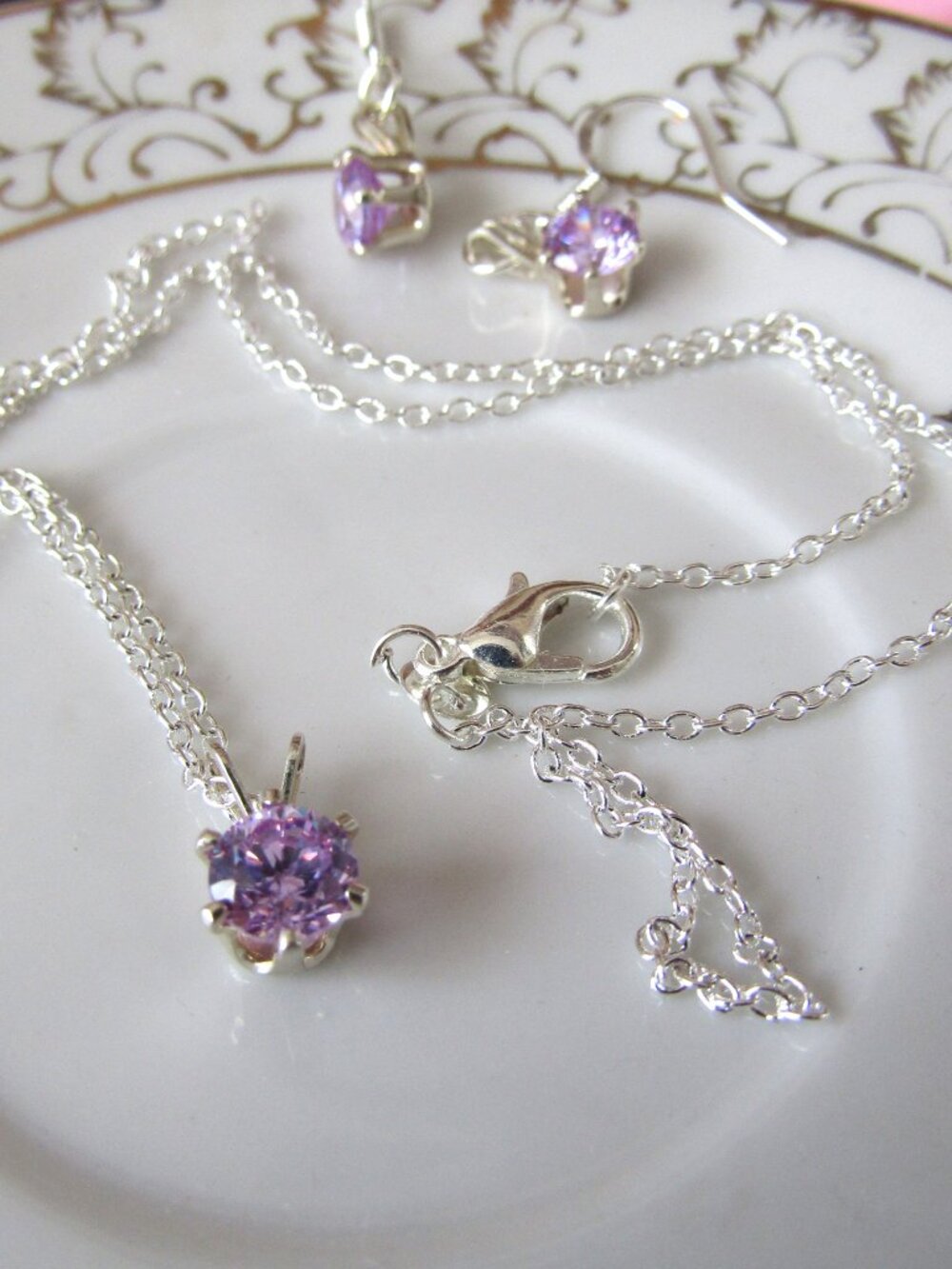 Amethyst 5mm Round Faceted Silverplate Necklace & Matching Amethyst Earrings Set - Picture 5 of 5